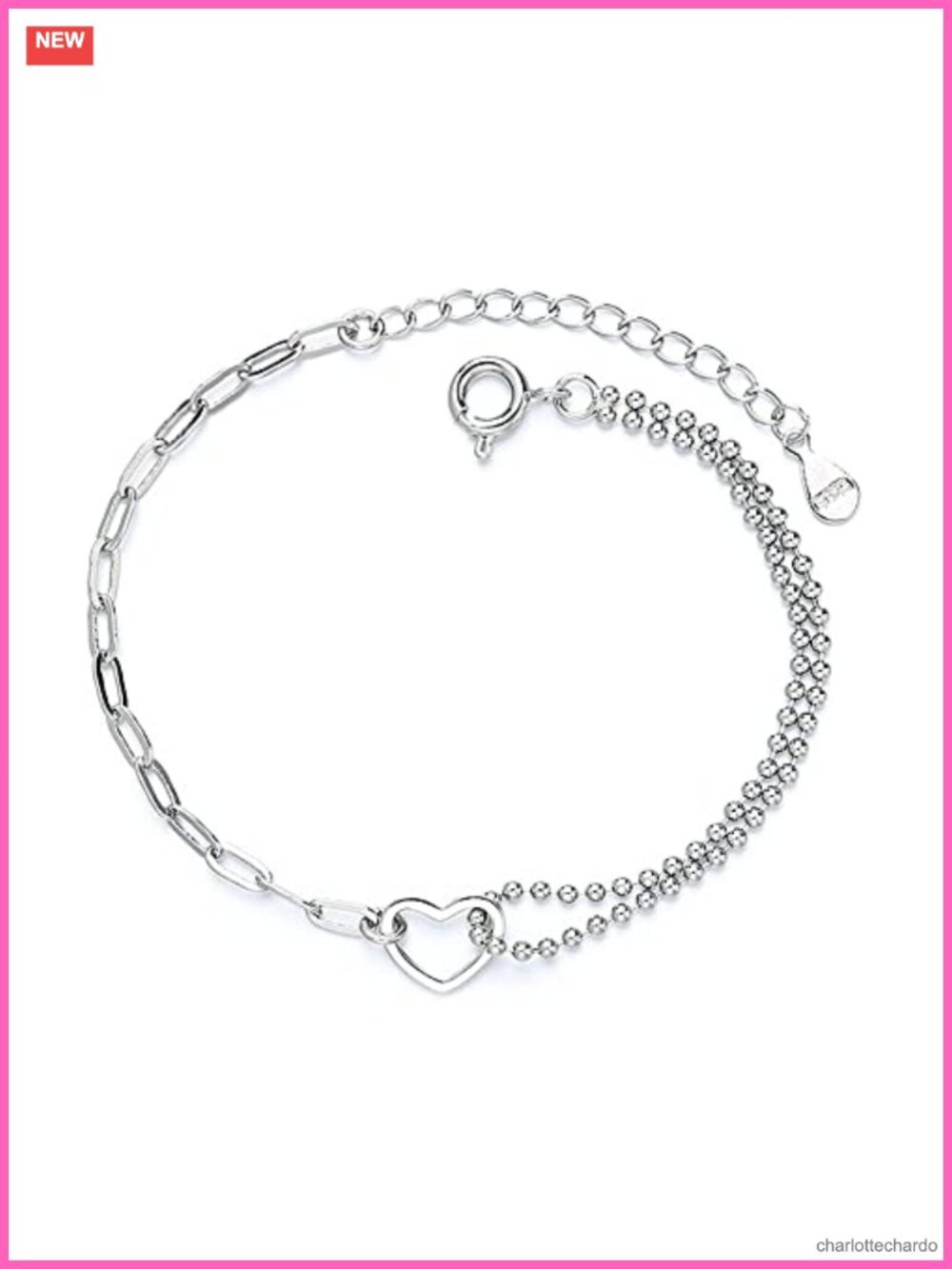 Sterling Silver Plated Heart Charm Link Bracelet for Women